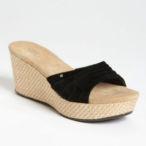 UGG Alvina Black Suede Woven Wedge Slide Sandal